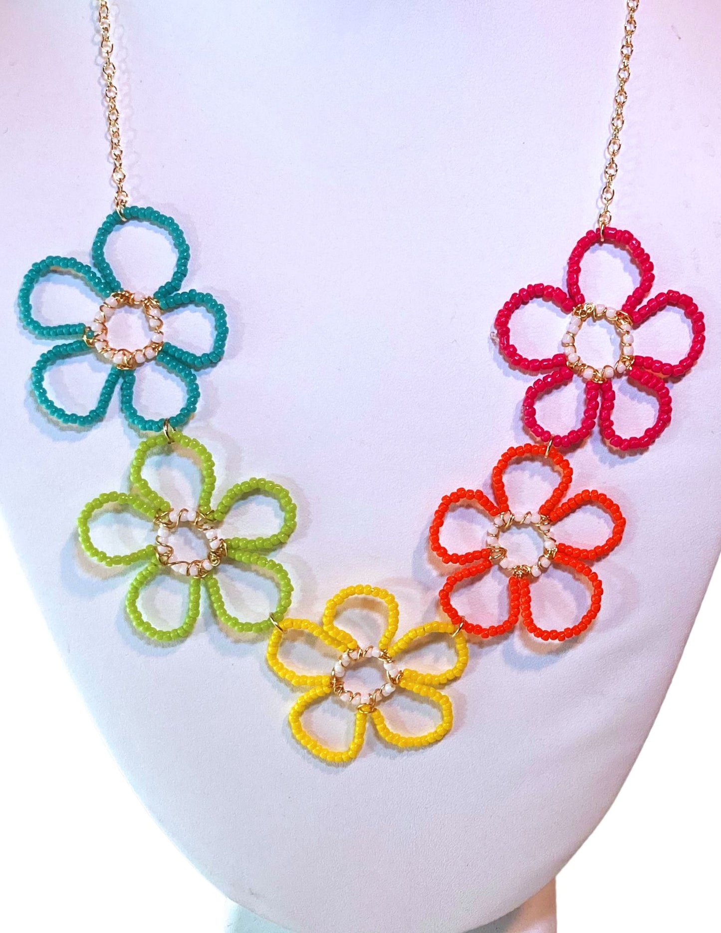 Rainbow Beaded Flower Bib Necklace
